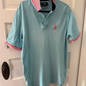 Psycho Bunny Statement Pique Polo Shirt EUC Contrast Collar & Trim Turquoise 6 L